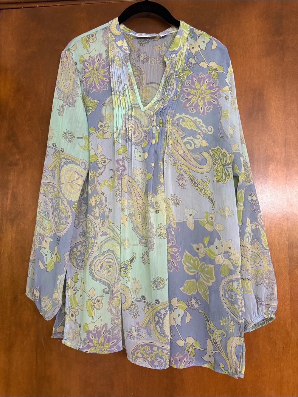 Susan Graver Light Blue & Mint Paisley Long-Sleeve Women's Blouse Like New Sz M